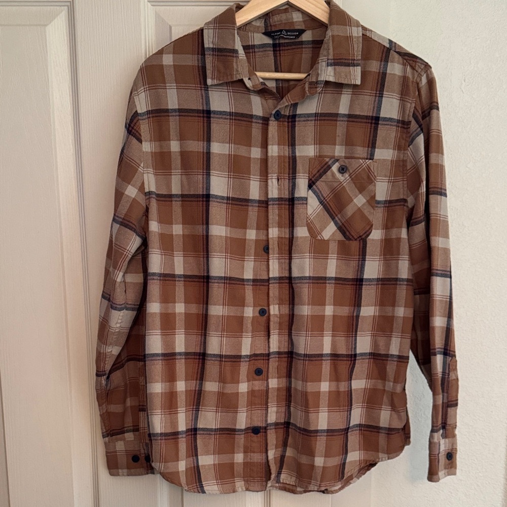Alpine Design Tan and Brown Plaid Button Down Shirt